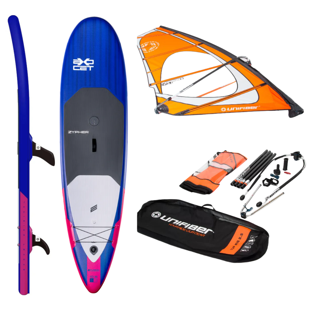 COMPLETE iWINDSUP SET: EXOCET ZYPHER HP INFLATABLE iWINDSUP 20 PSI BOARD + UNIFIBER EXPERIENCE II OR EVOLUTION II SAIL RIG